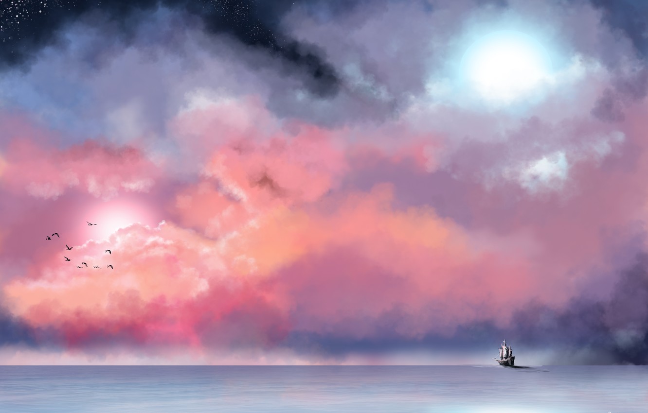 Boat And Red Cloud Art Wallpapers