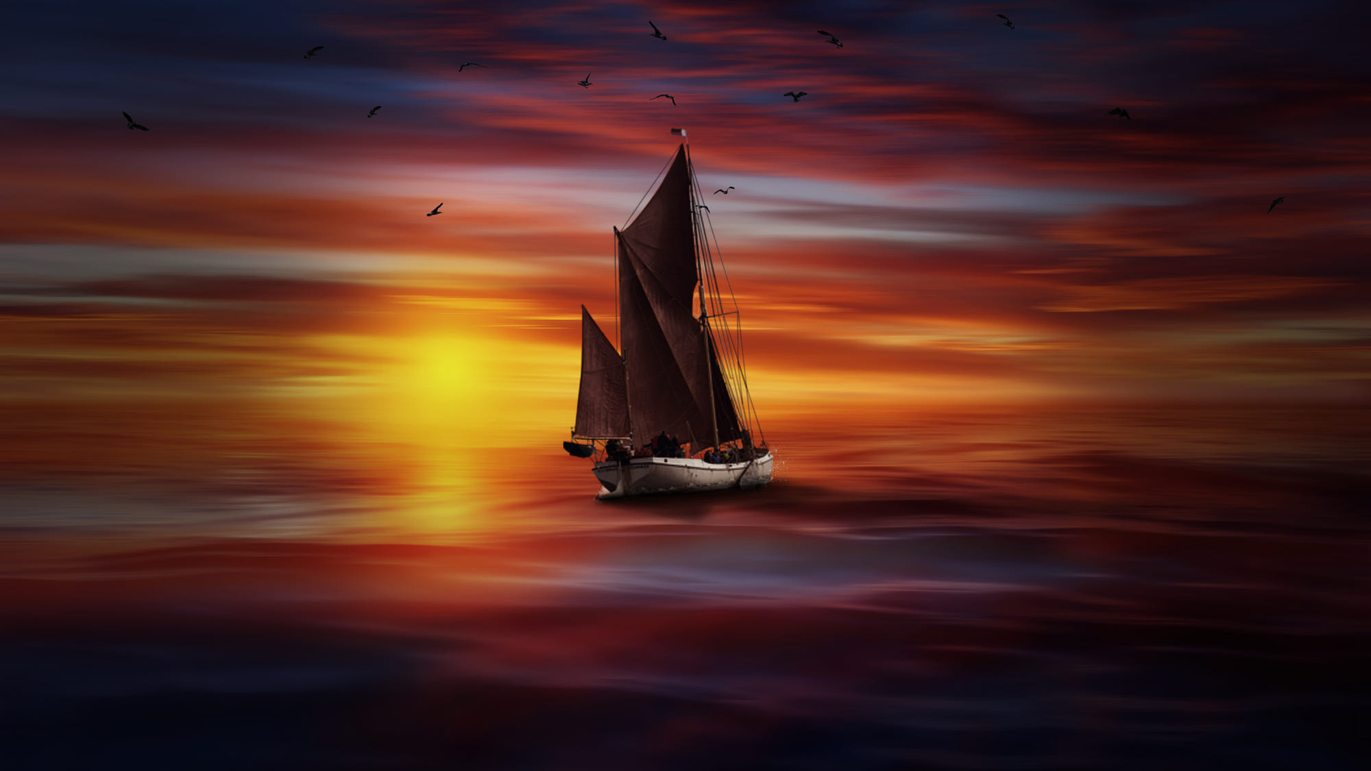 Boat And Red Cloud Art Wallpapers