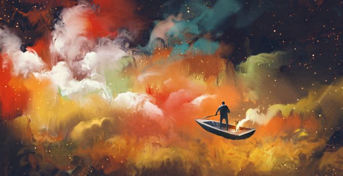 Boat And Red Cloud Art Wallpapers