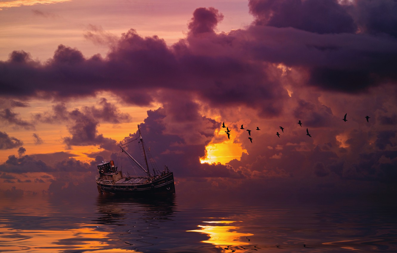 Boat And Red Cloud Art Wallpapers