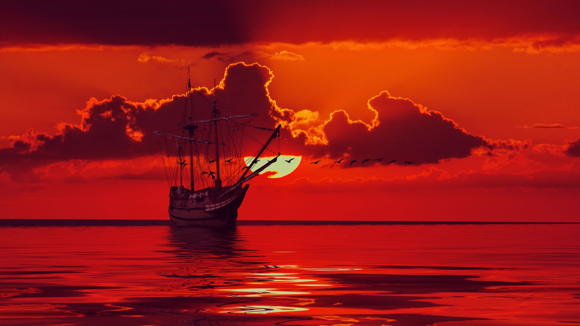 Boat And Red Cloud Art Wallpapers