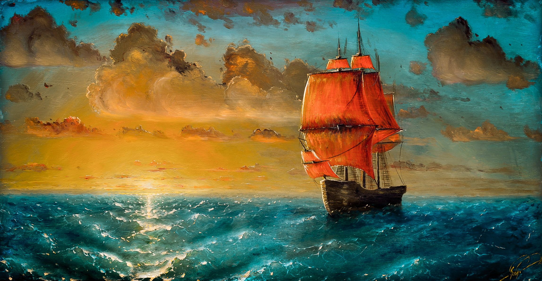 Boat And Red Cloud Art Wallpapers