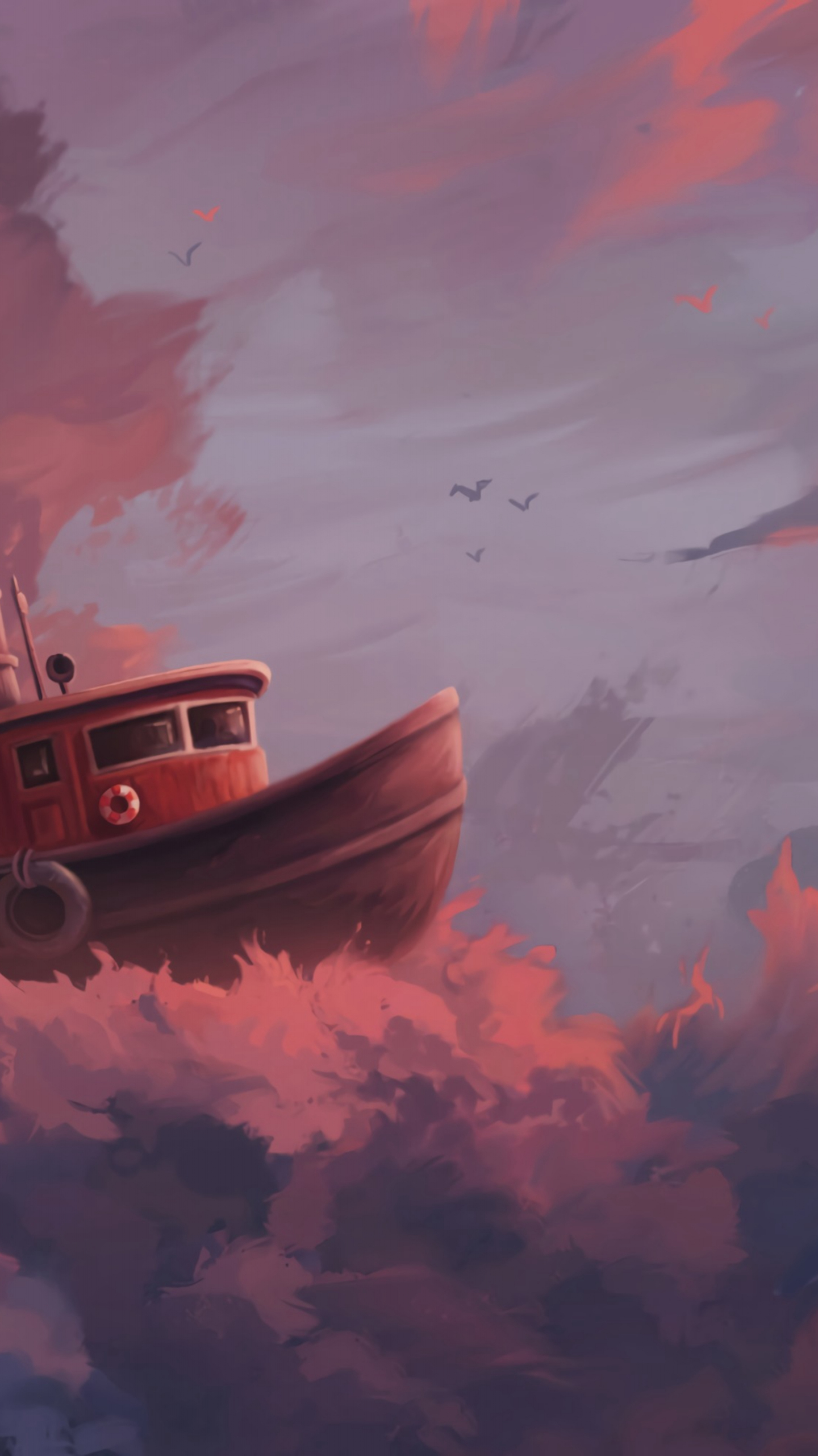 Boat And Red Cloud Art Wallpapers