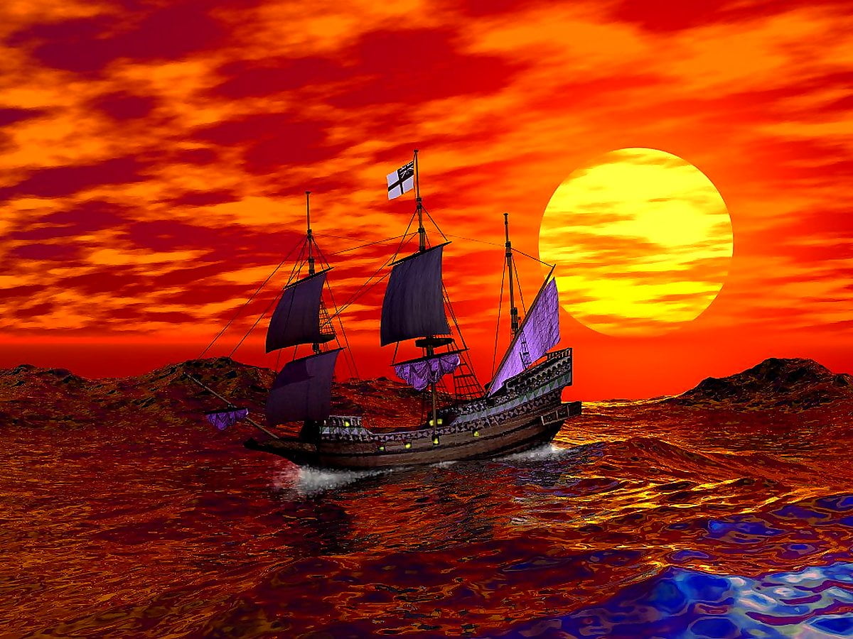 Boat And Red Cloud Art Wallpapers
