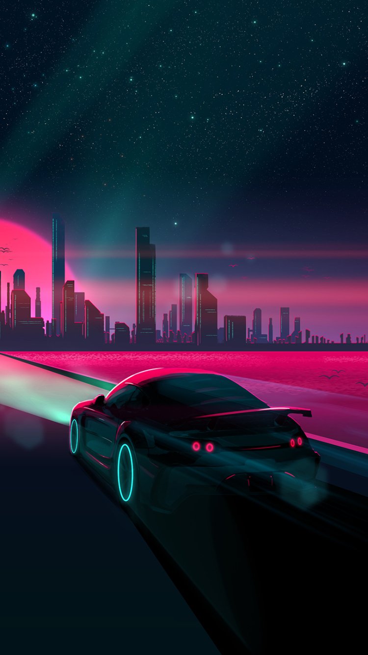 Car In Artistic City Retrowave Wallpapers