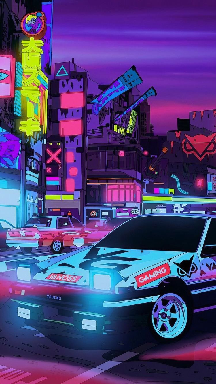 Car In Artistic City Retrowave Wallpapers