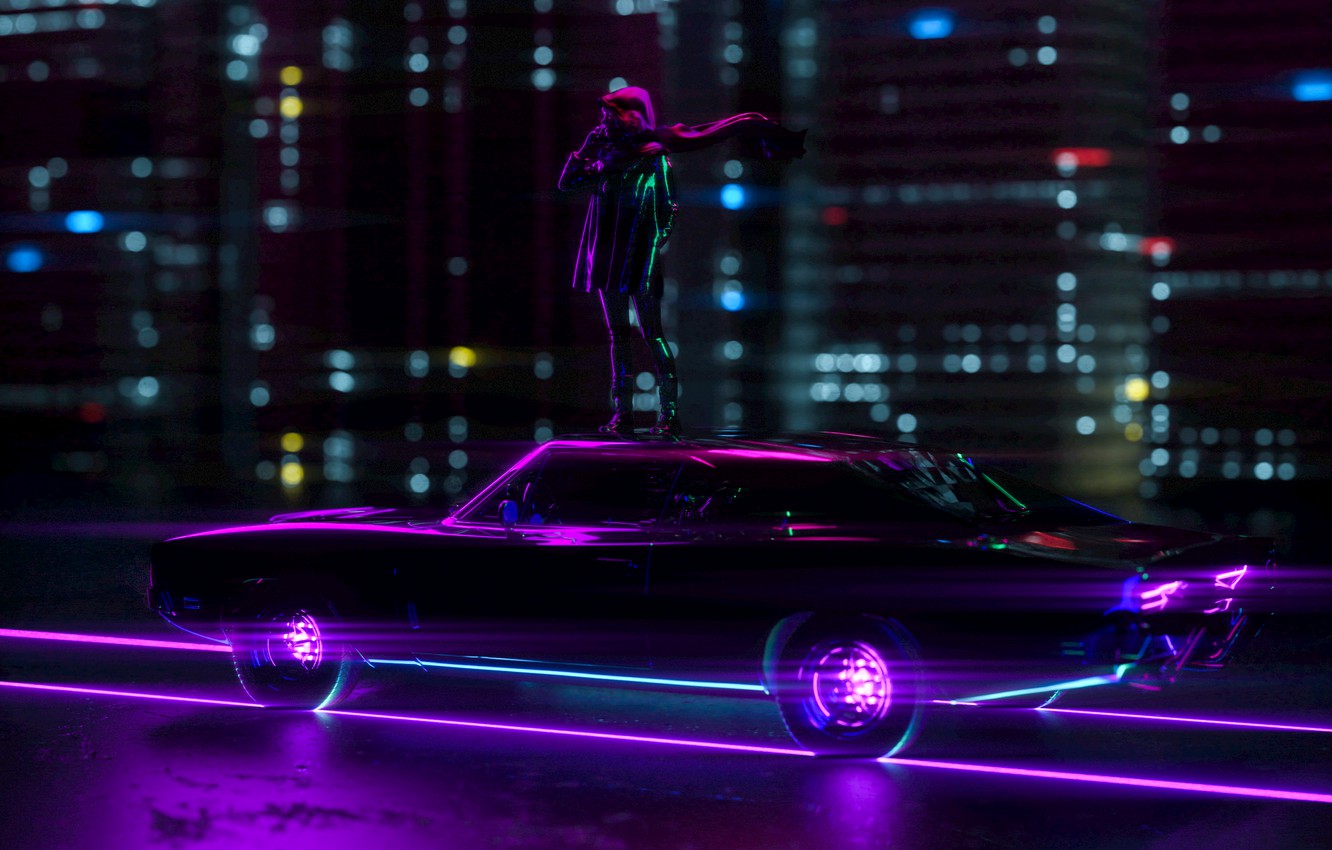 Car In Artistic City Retrowave Wallpapers