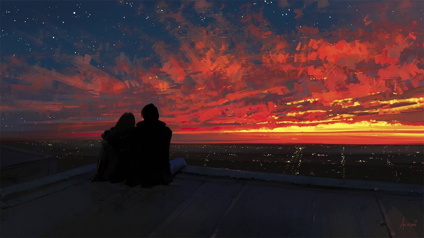 Couple At Sunset Illustration Wallpapers