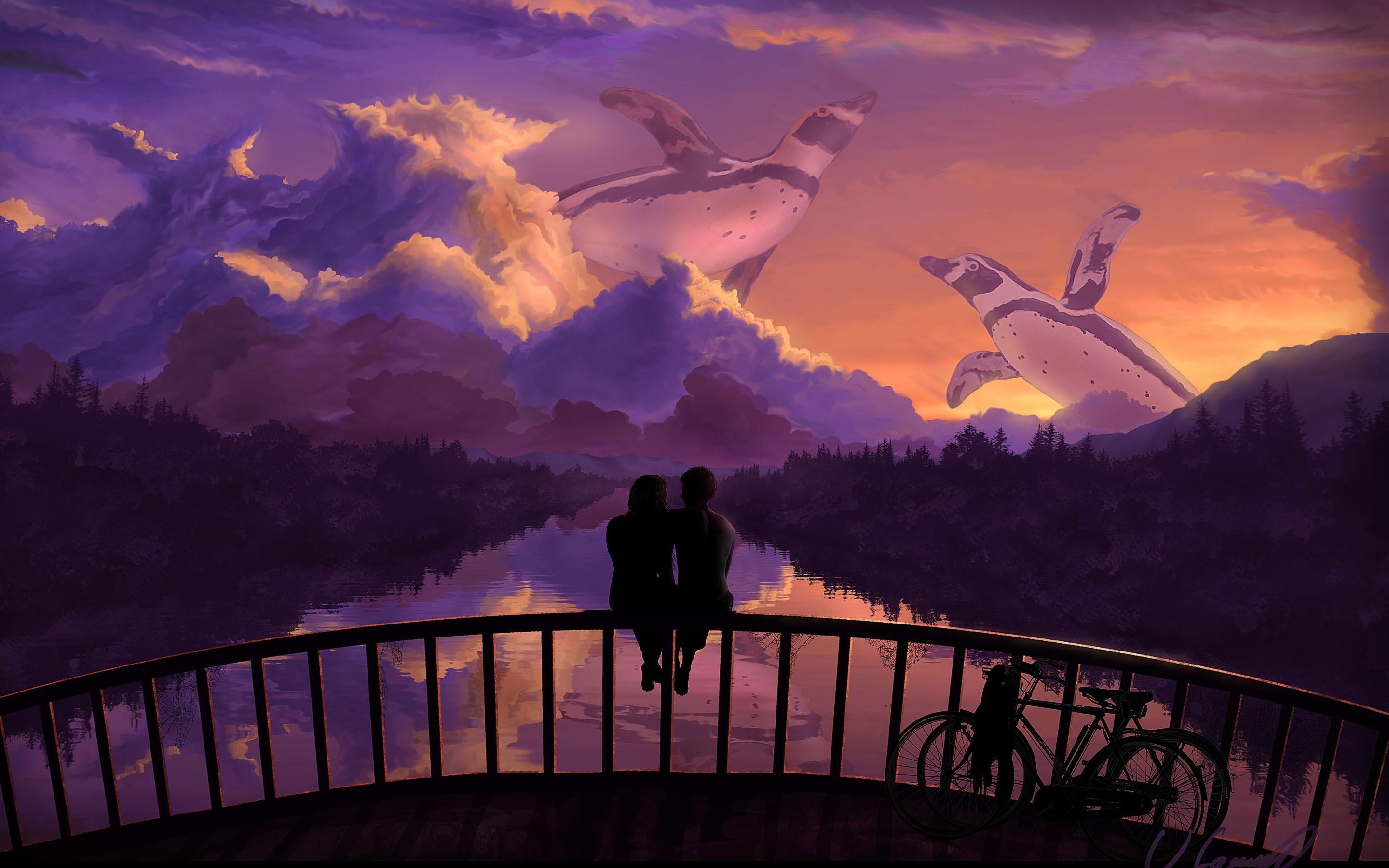 Couple At Sunset Illustration Wallpapers