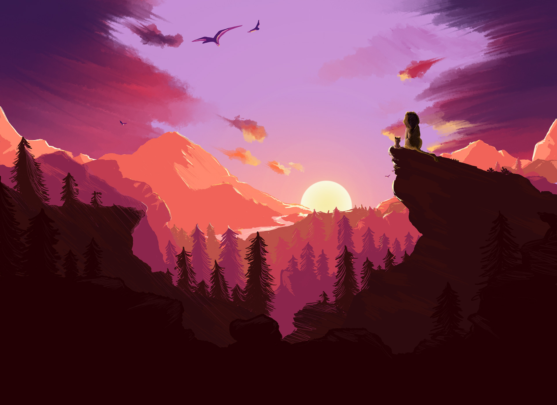 Evening Sunset Mountains Firewatch Drawing Wallpapers