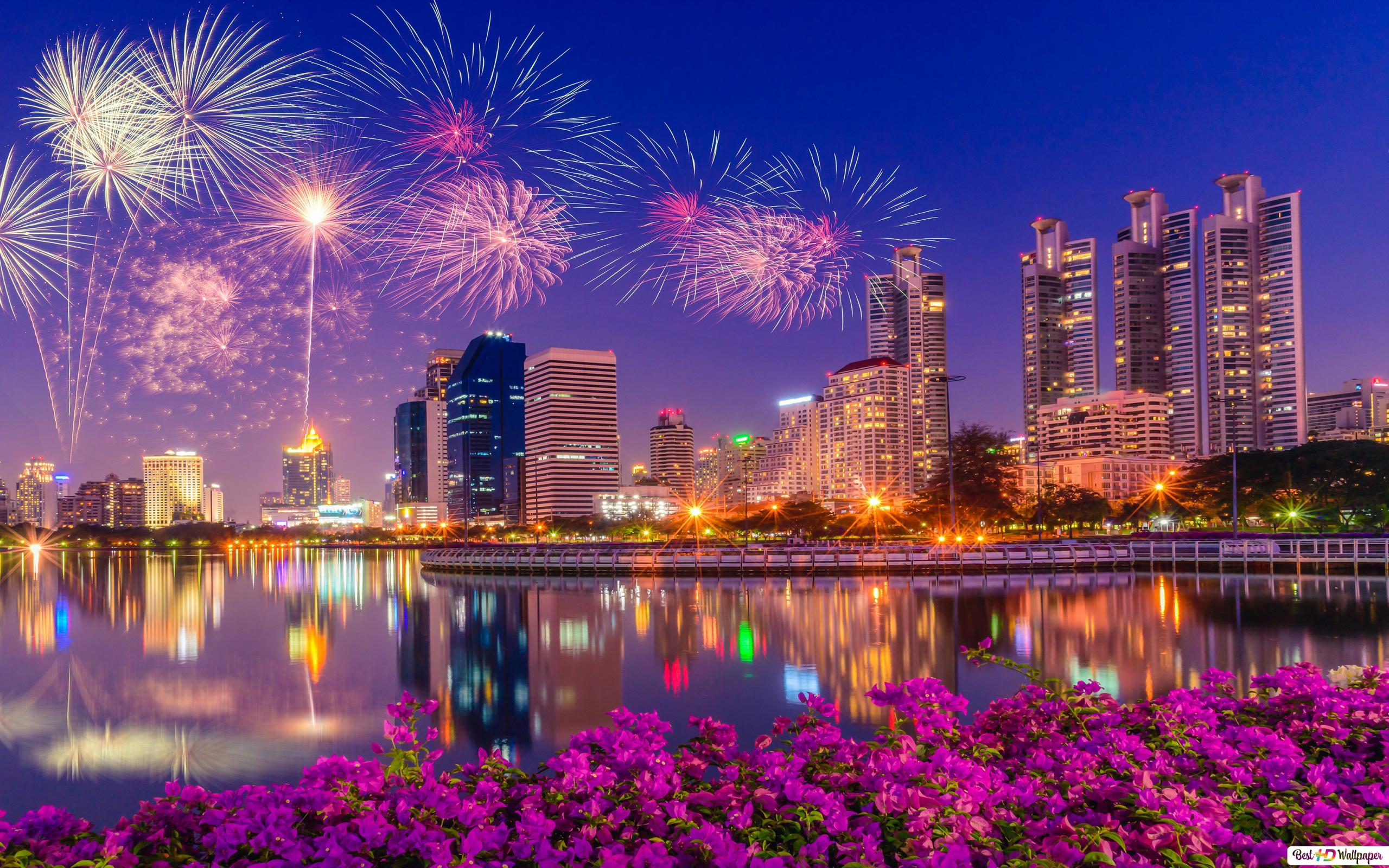 Fireworks In Futuristic City Wallpapers