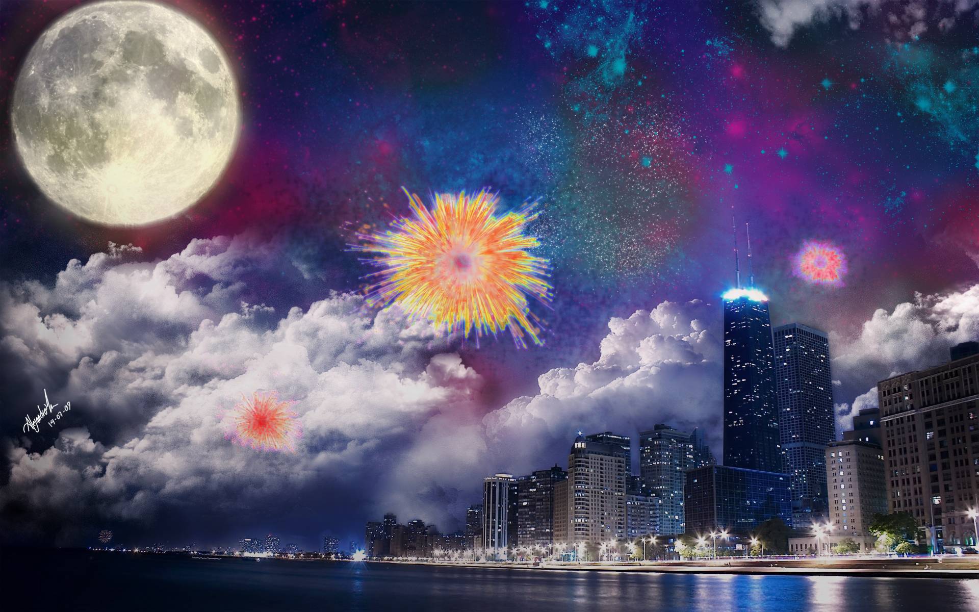 Fireworks In Futuristic City Wallpapers