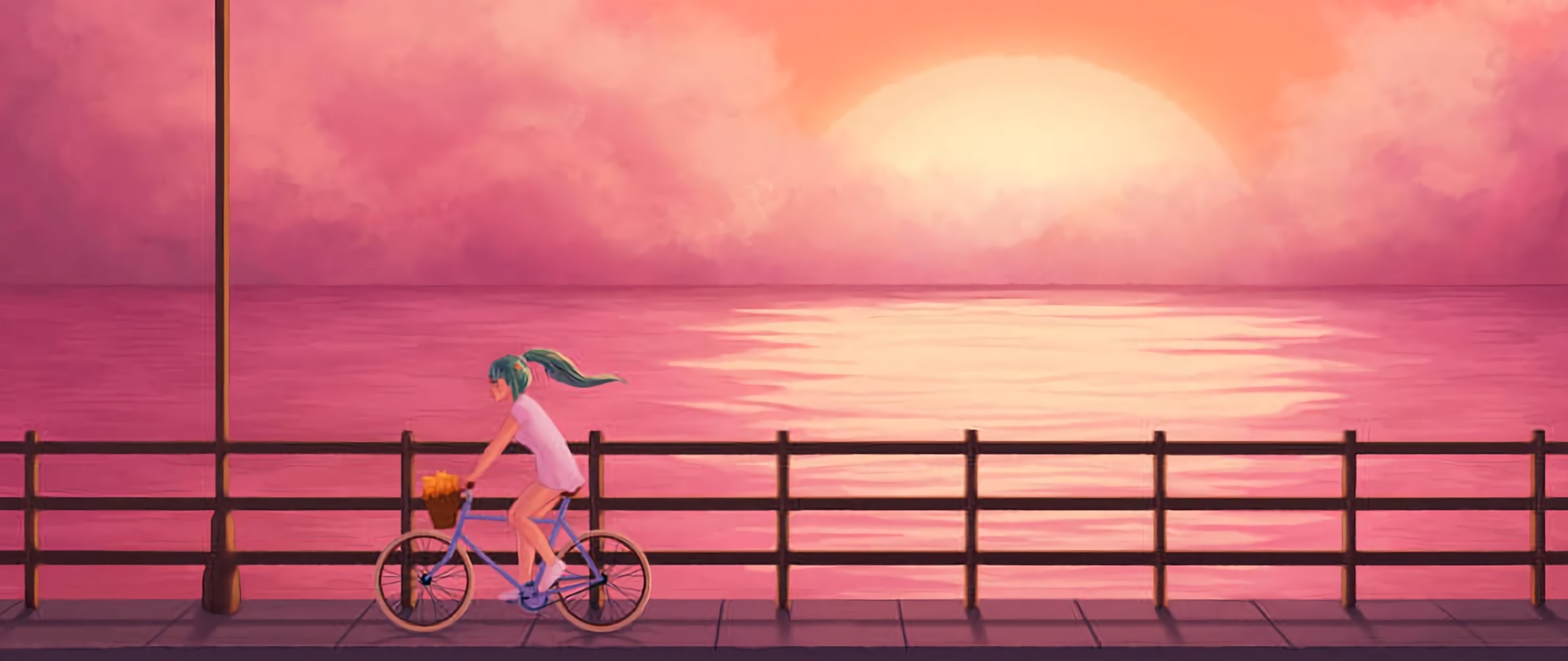 Girl Cycling Near Sea 4K Wallpapers