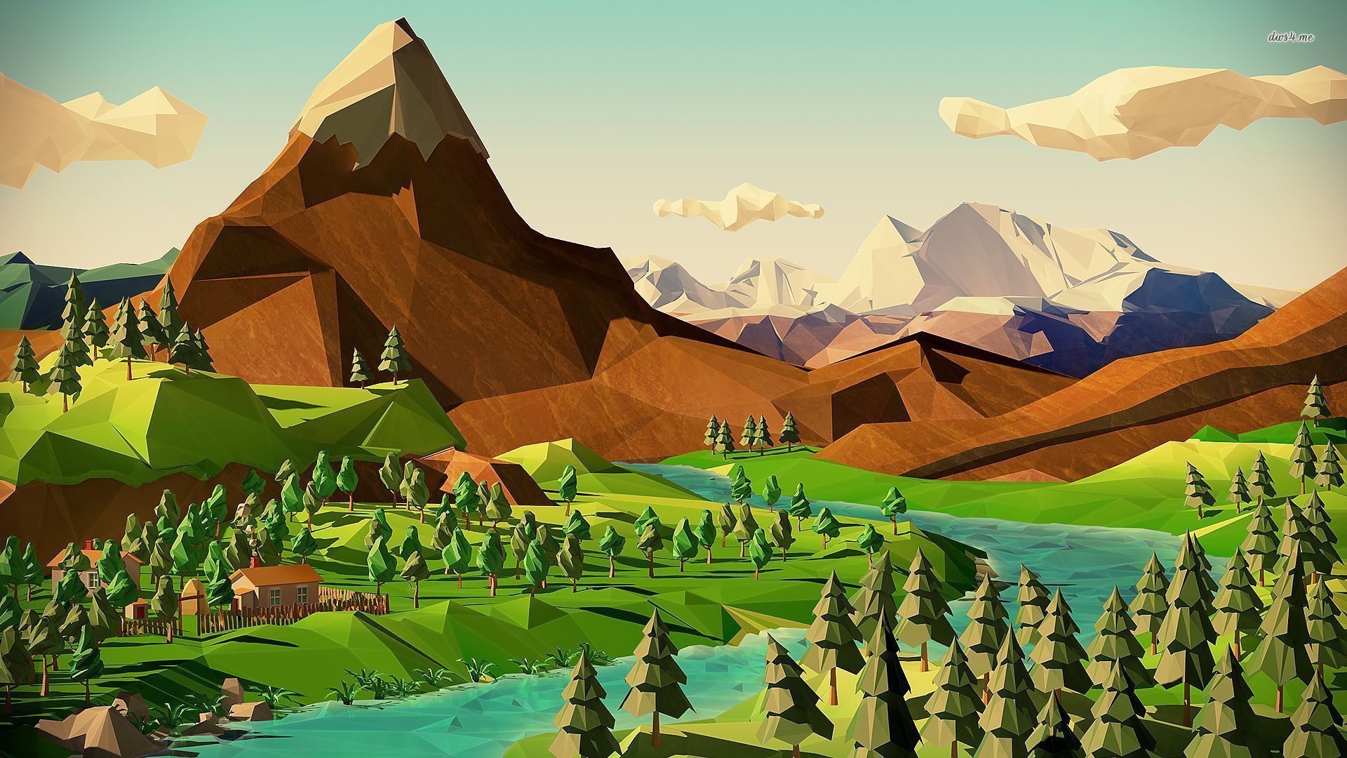 Illustration River Mountains Polygon Art Wallpapers