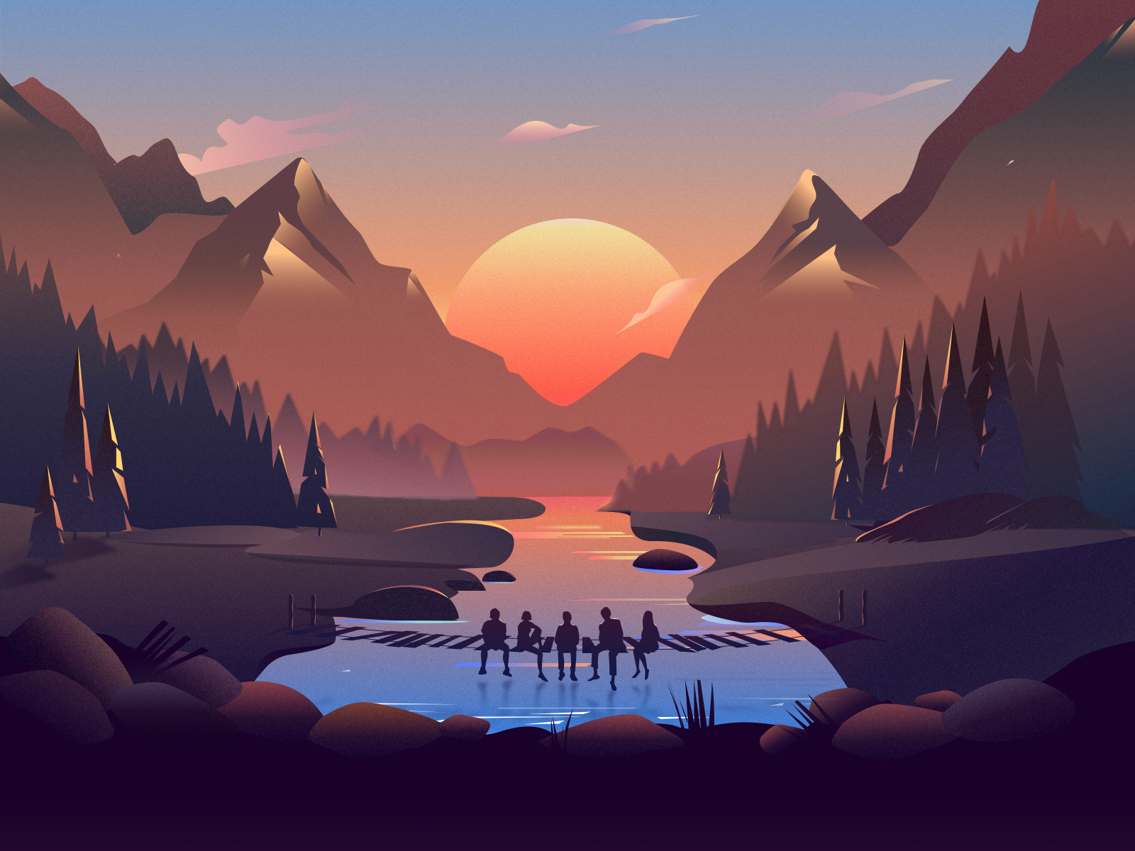 Illustration River Mountains Polygon Art Wallpapers