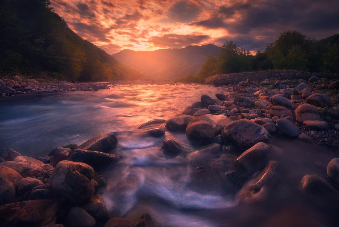 Nature Sunset Near Mountain River Artwork Wallpapers