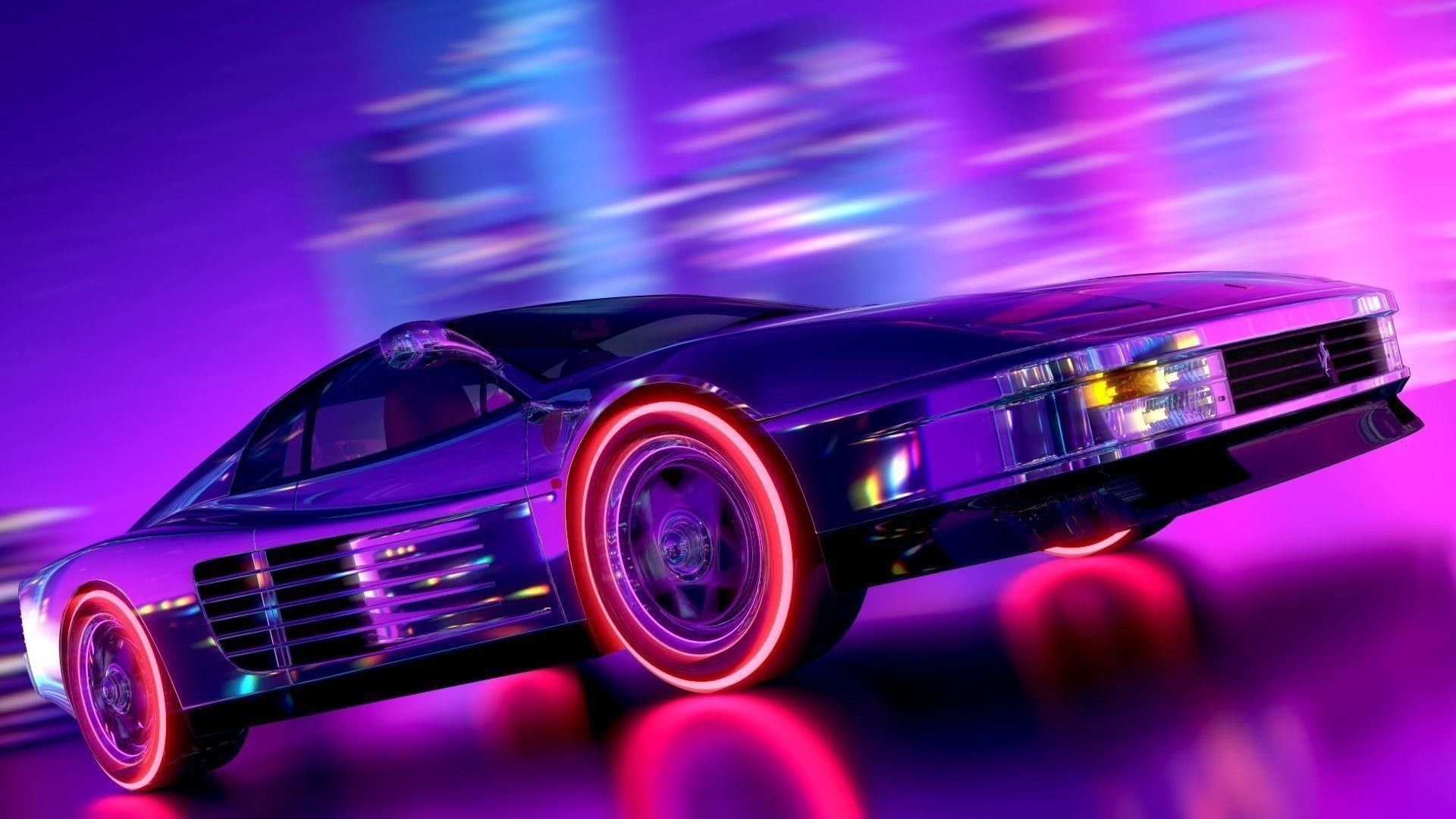 Retro Wave Sunset And Running Car Wallpapers