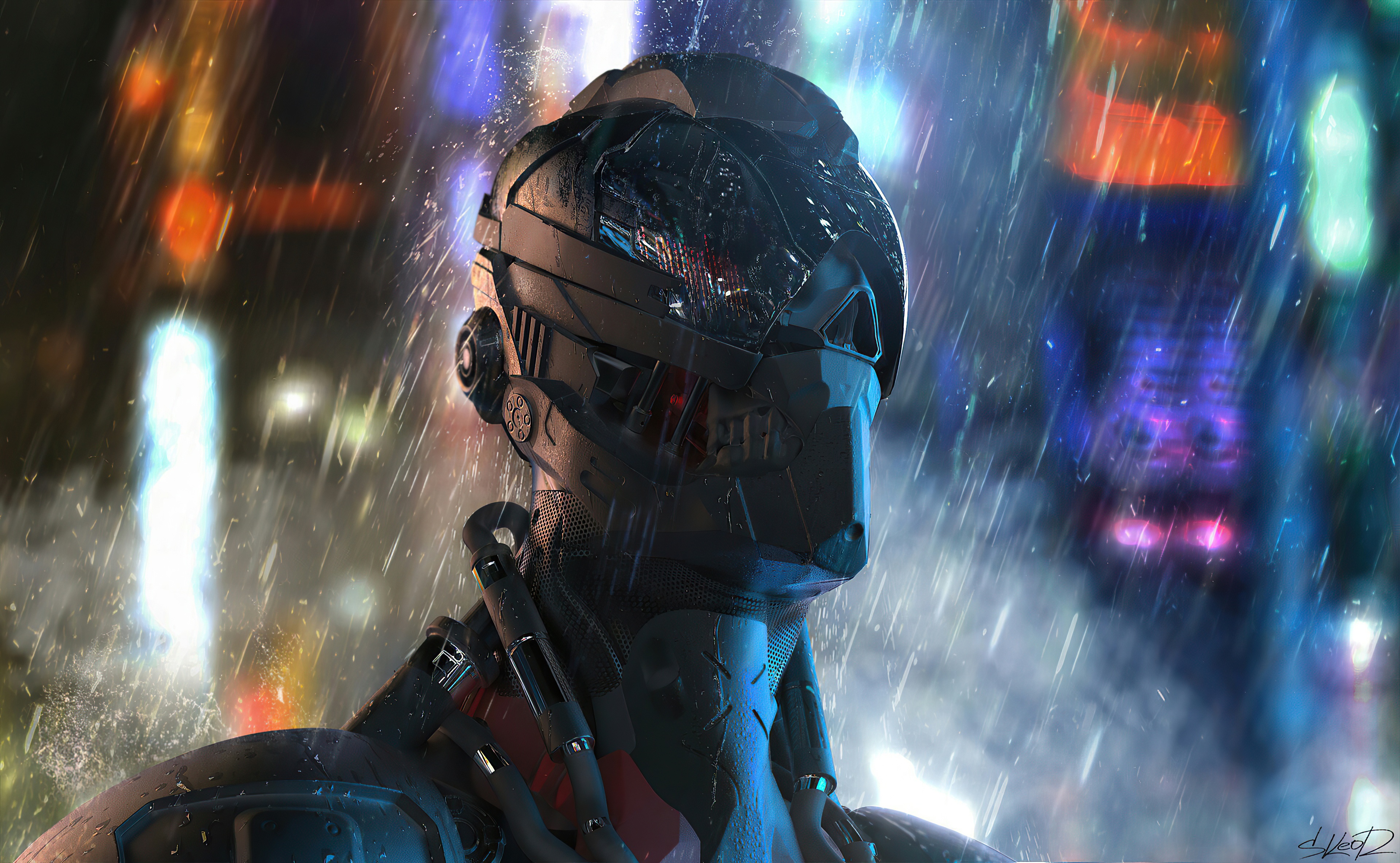 Robot Rain Illustration Wallpapers