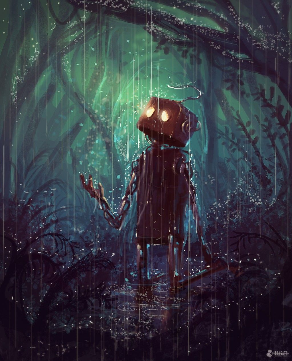 Robot Rain Illustration Wallpapers