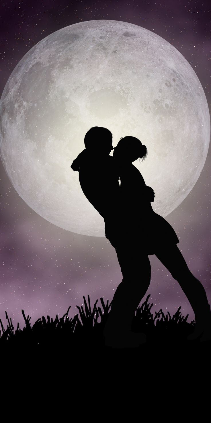 Silhouettes Couple Near Moon Wallpapers