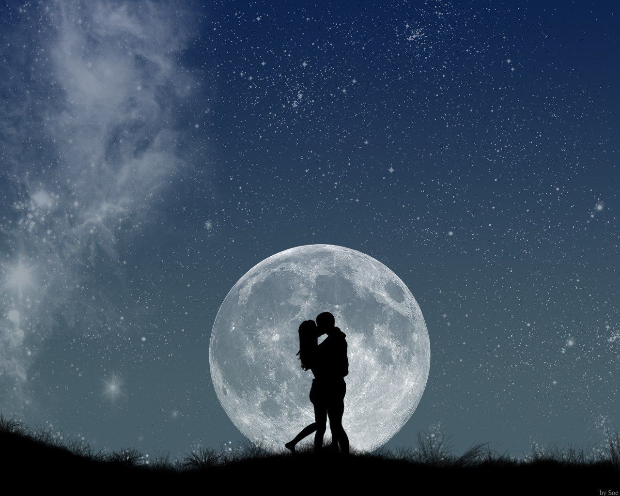 Silhouettes Couple Near Moon Wallpapers