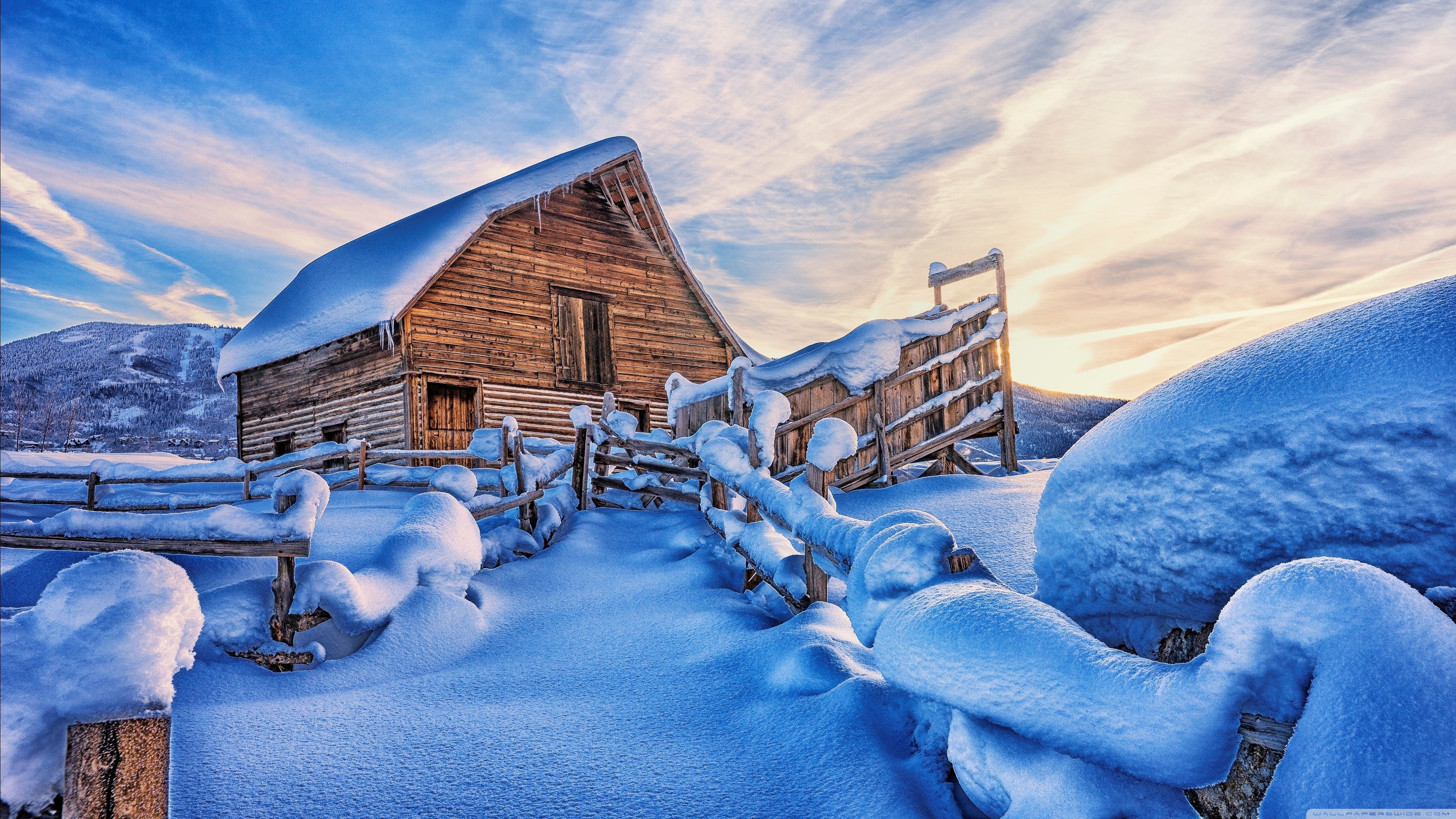 Snowy House In Mountains 4K Wallpapers