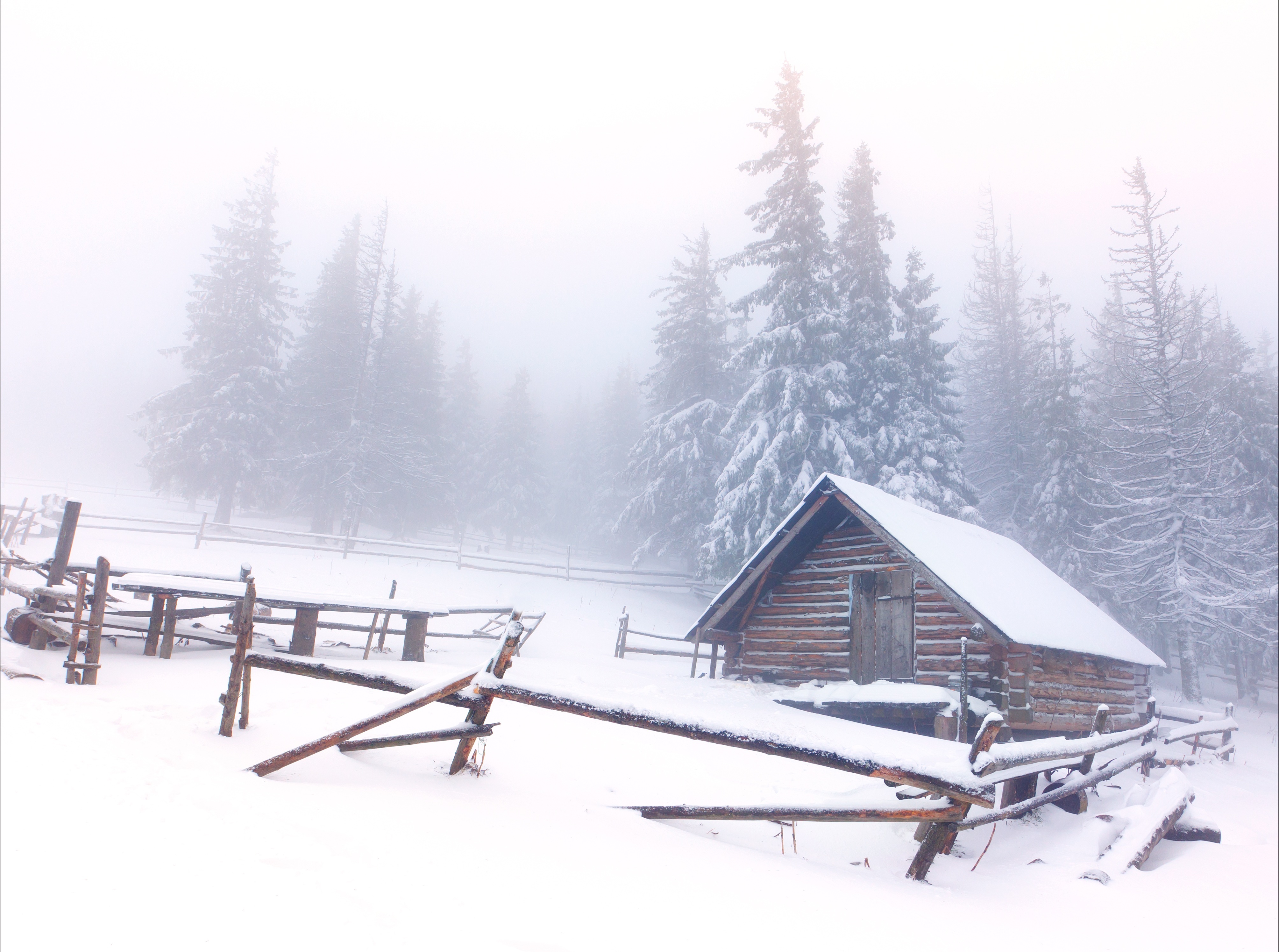 Snowy House In Mountains 4K Wallpapers