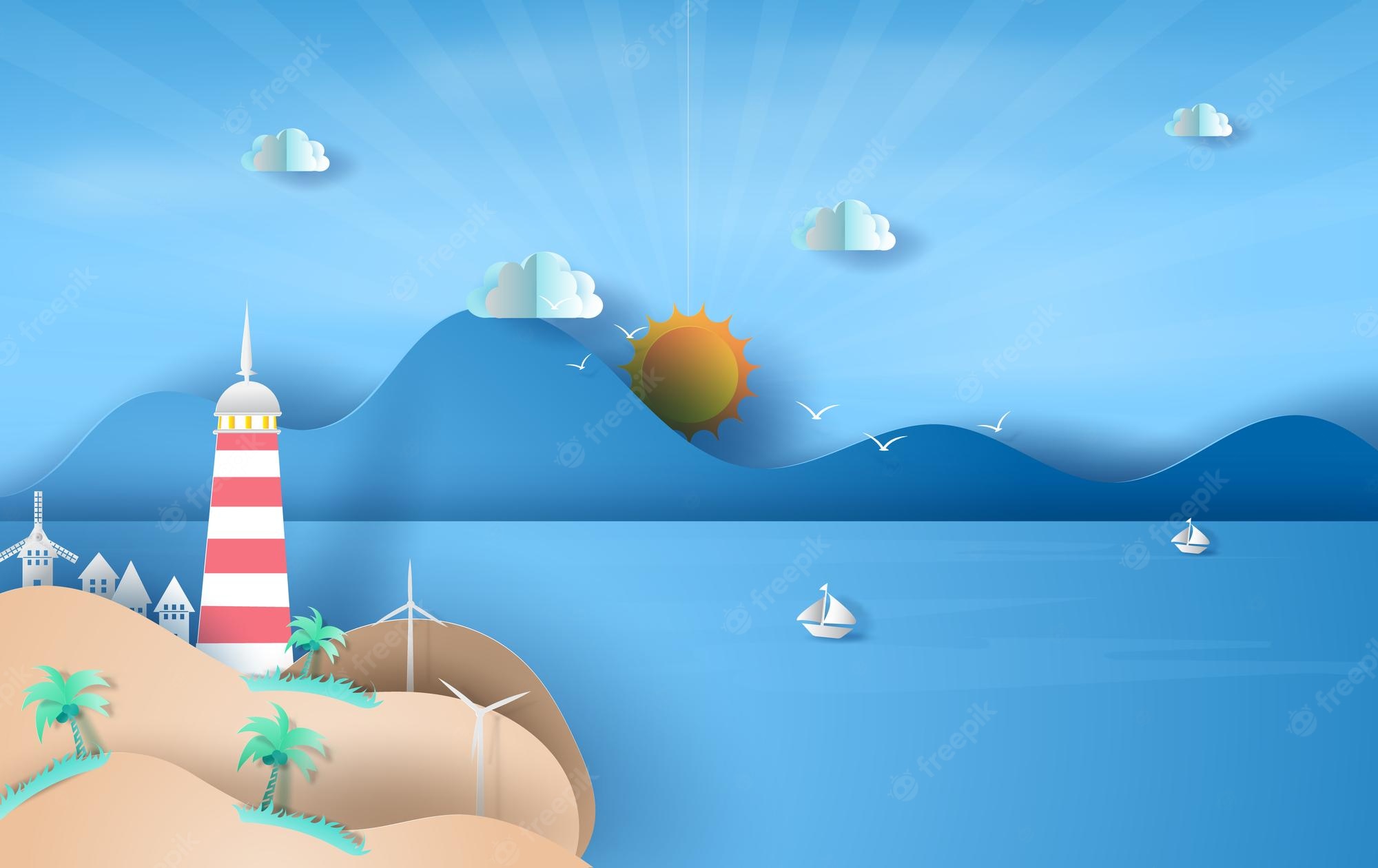 Minimalism Mountains Lighthouse Clouds Wallpapers