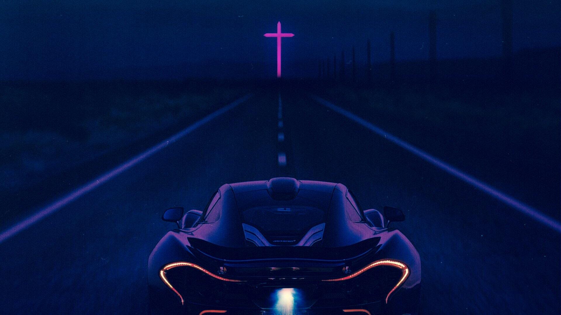 Outrun Style Car Moving On The Bridge Wallpapers