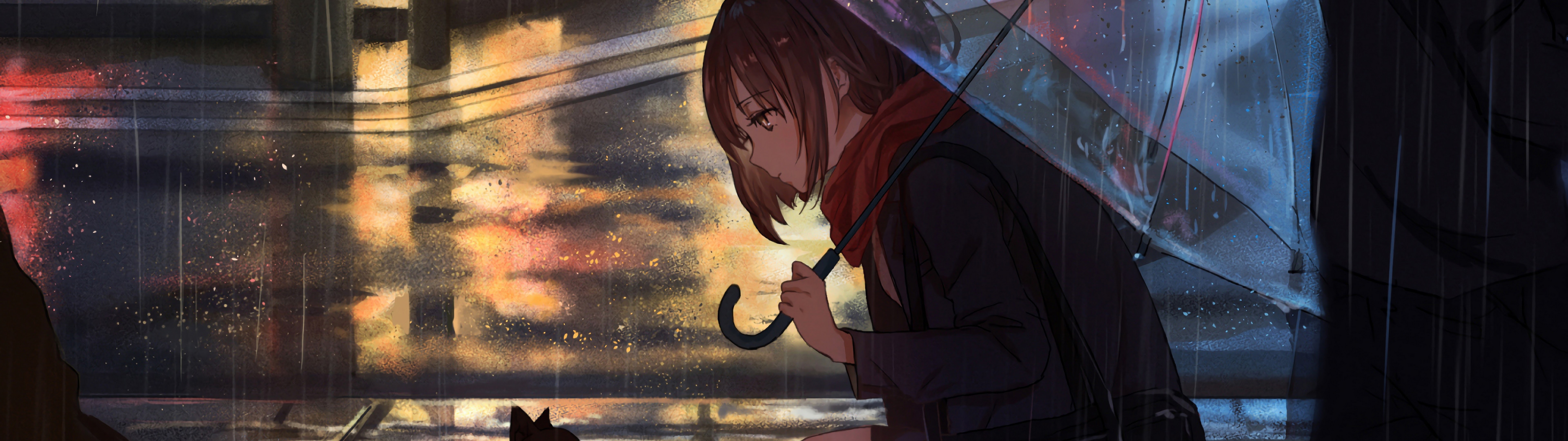 4K Girl In The Rain With Cat Wallpapers