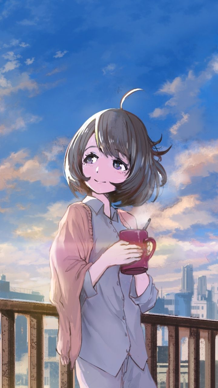 Anime Girl Holding Tea Outside Wallpapers