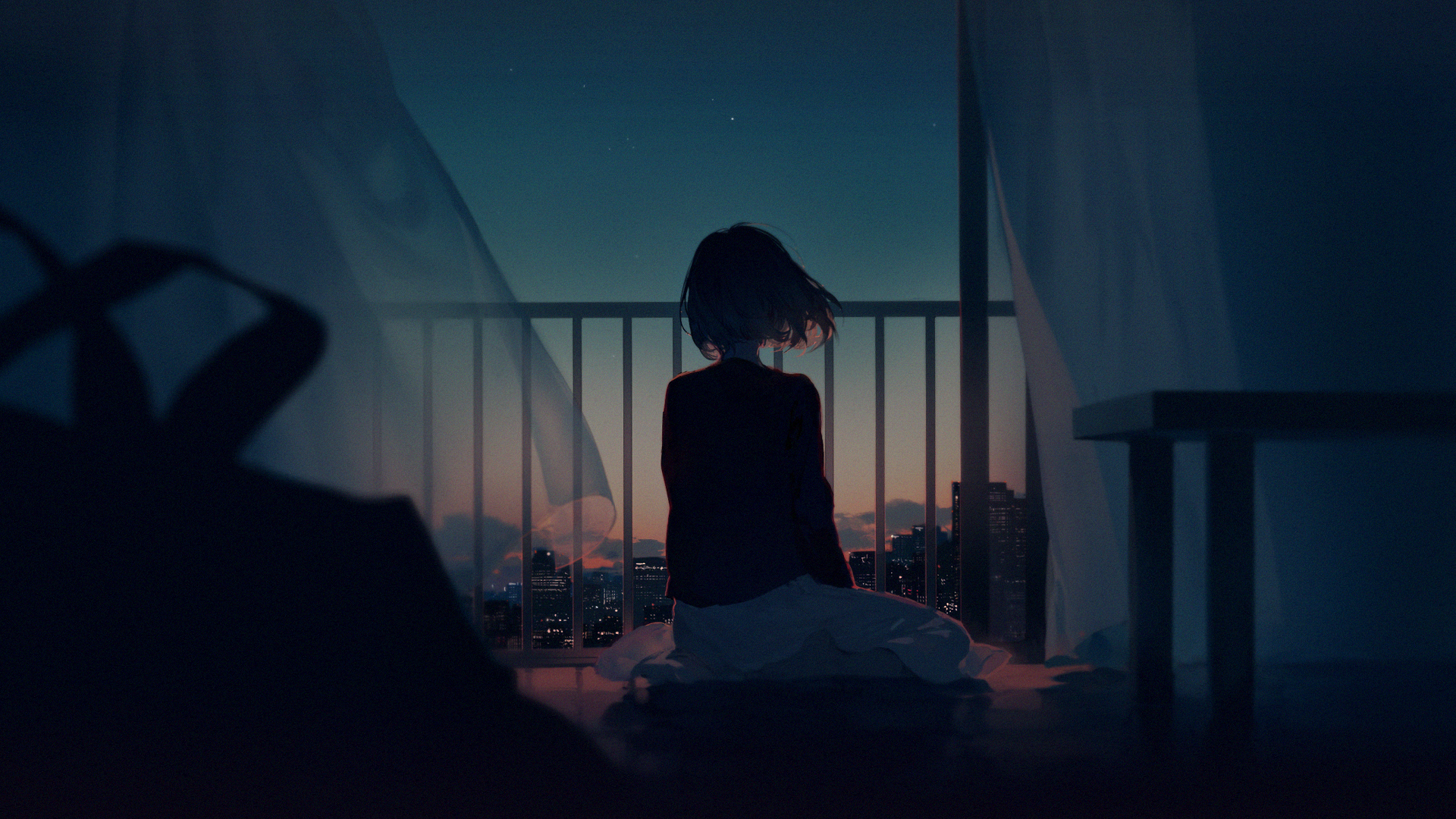 Anime Girl In Balcony Cityscape Sea And Sunset Wallpapers