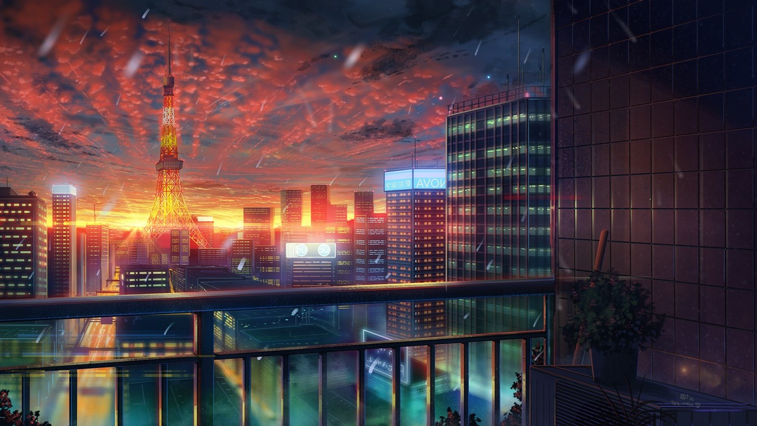 Anime Girl In Balcony Cityscape Sea And Sunset Wallpapers