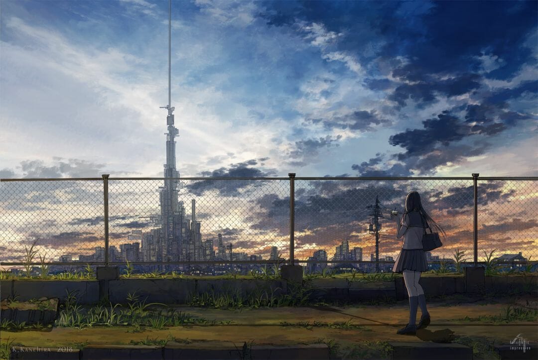 Anime Girl In School Uniform Watching City Sky Wallpapers