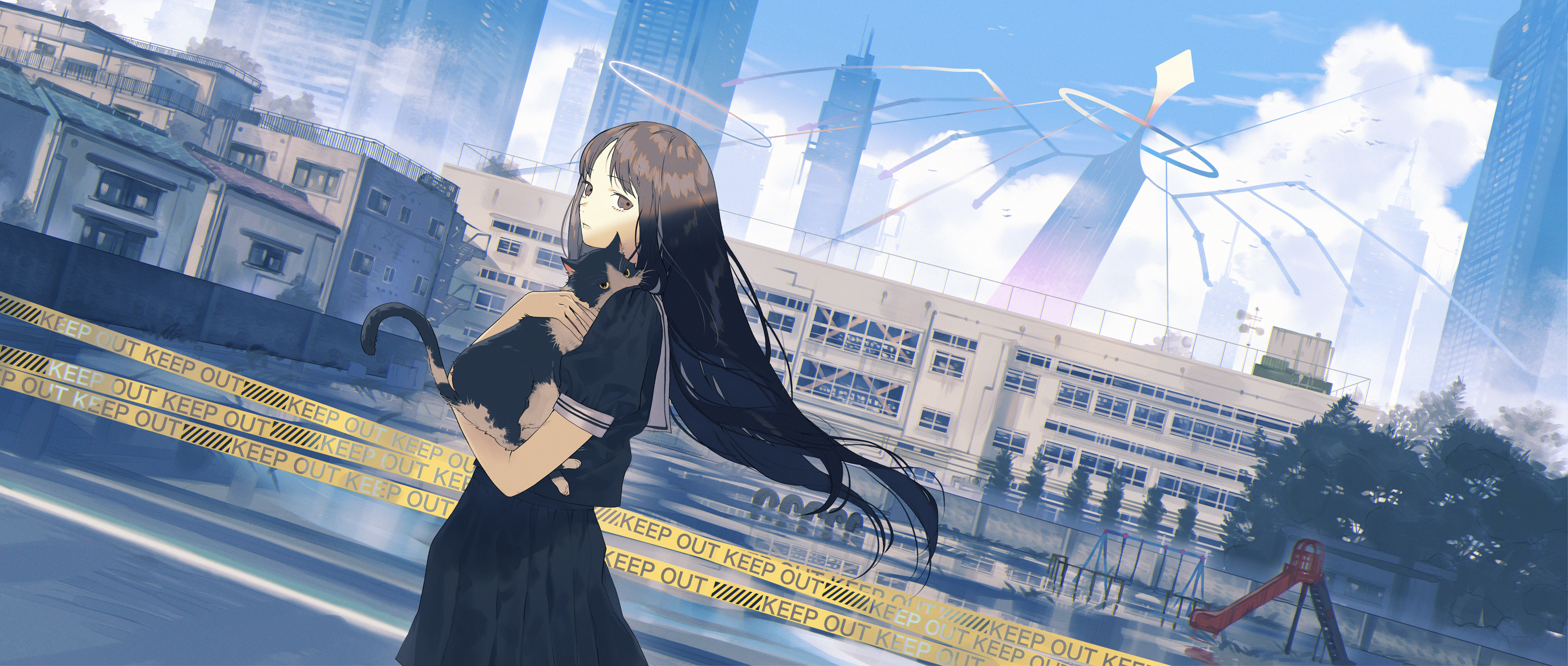 Anime Girl In School Uniform Watching City Sky Wallpapers