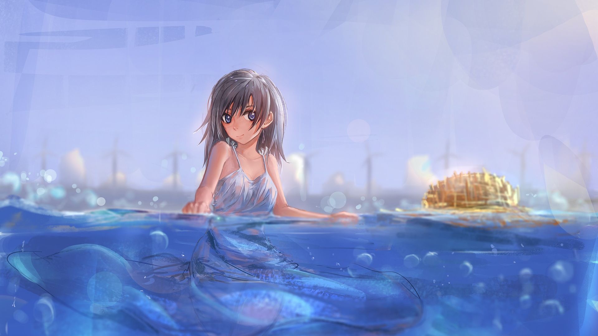 Anime Girl Near Ocean Wallpapers