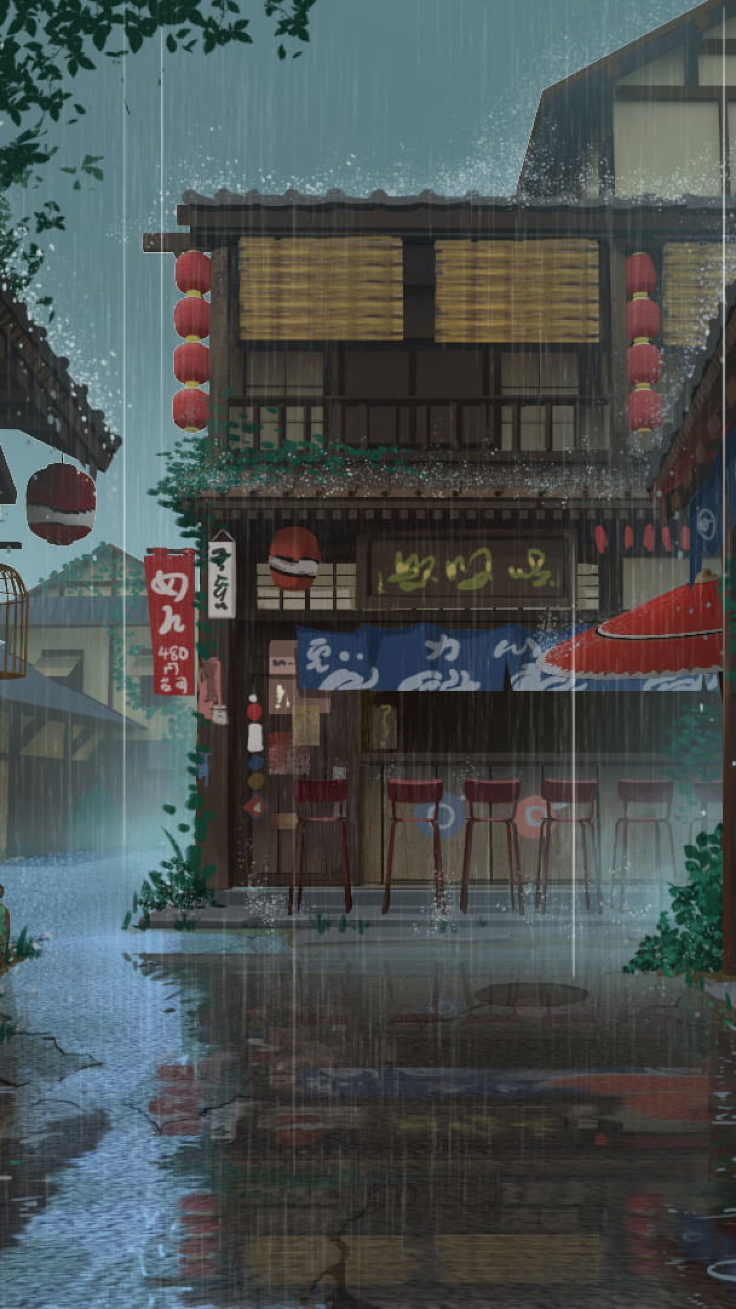 Anime Girl Standing In Rain Inside Torii 5K Wallpapers