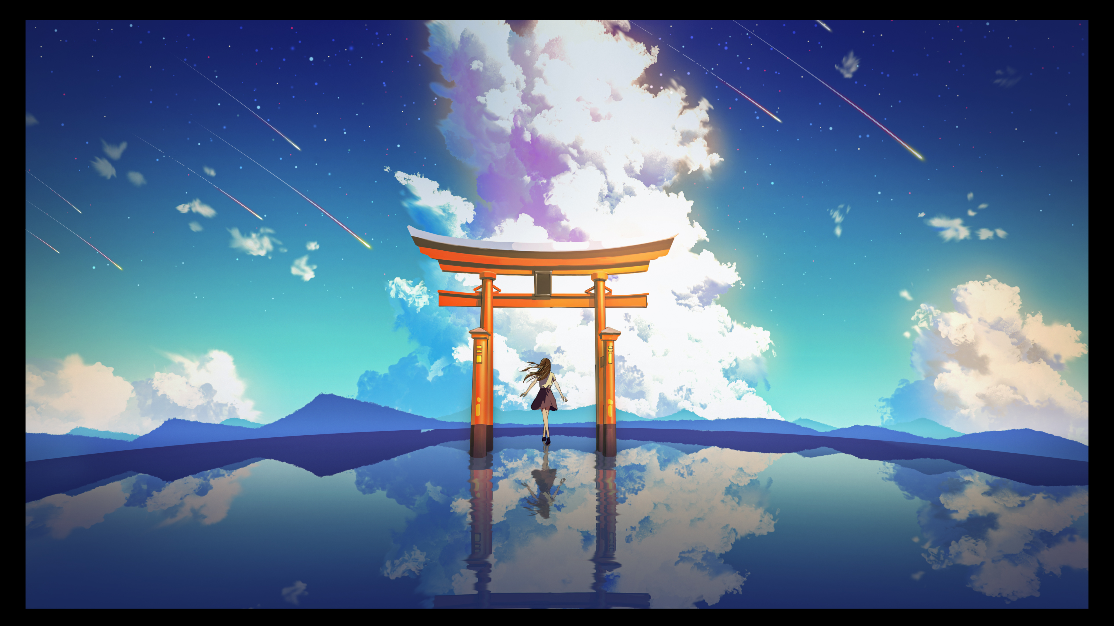 Anime Girl Standing In Rain Inside Torii 5K Wallpapers