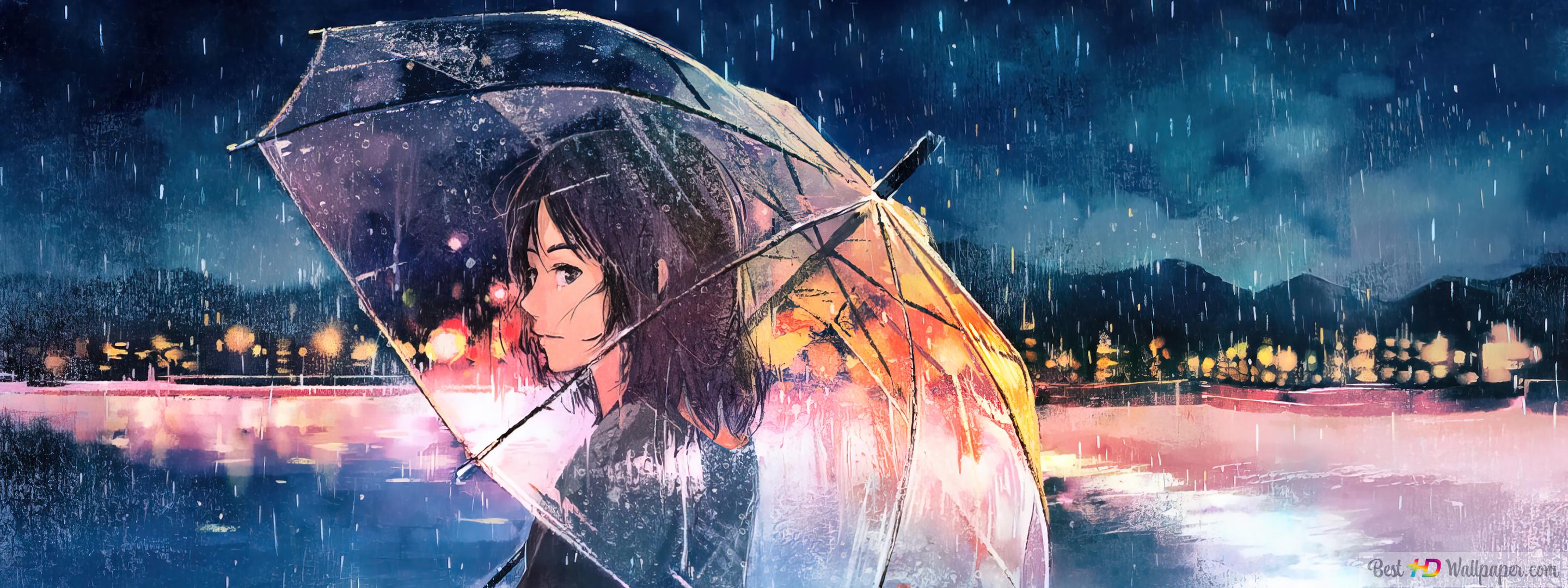 Anime Girl Walking With Umbrella Art Wallpapers