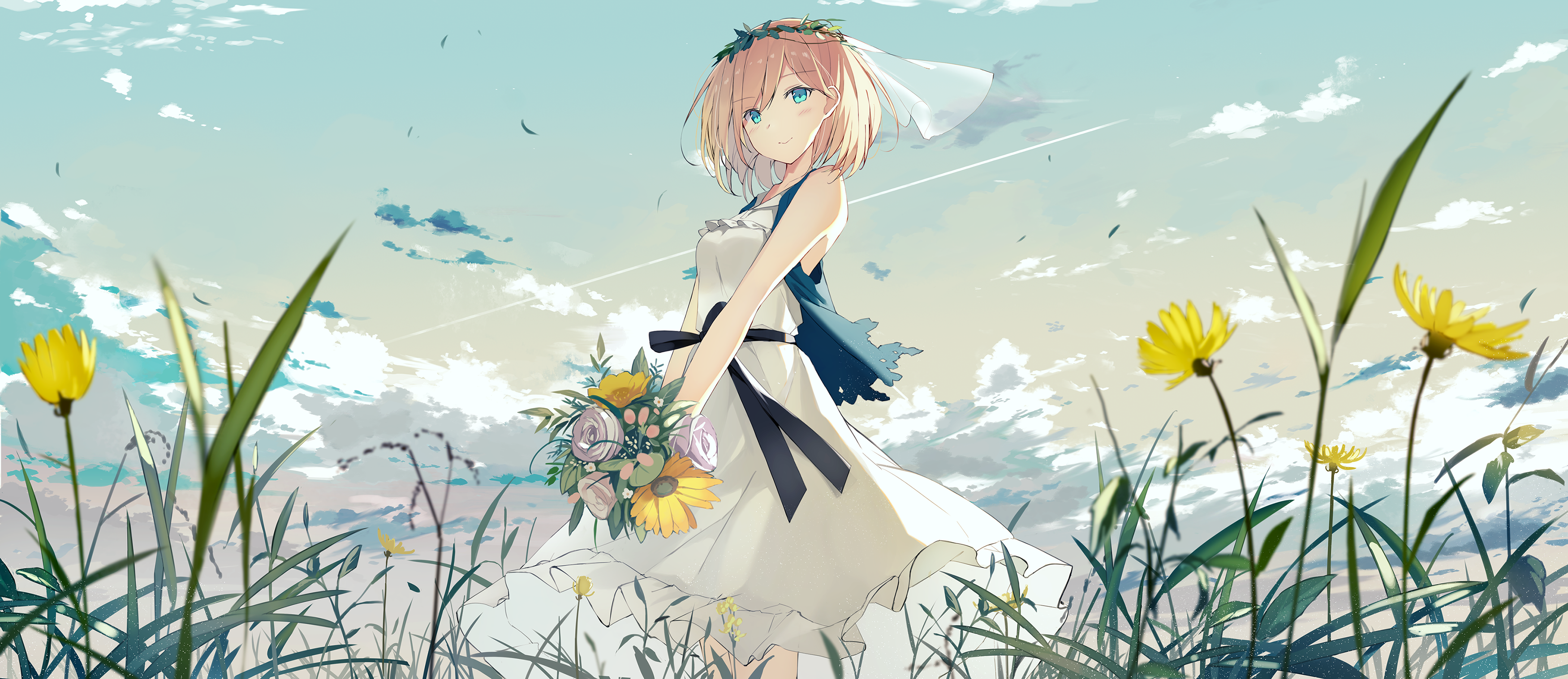 Anime Short Hairs Butterfly Dress Flowers Wallpapers