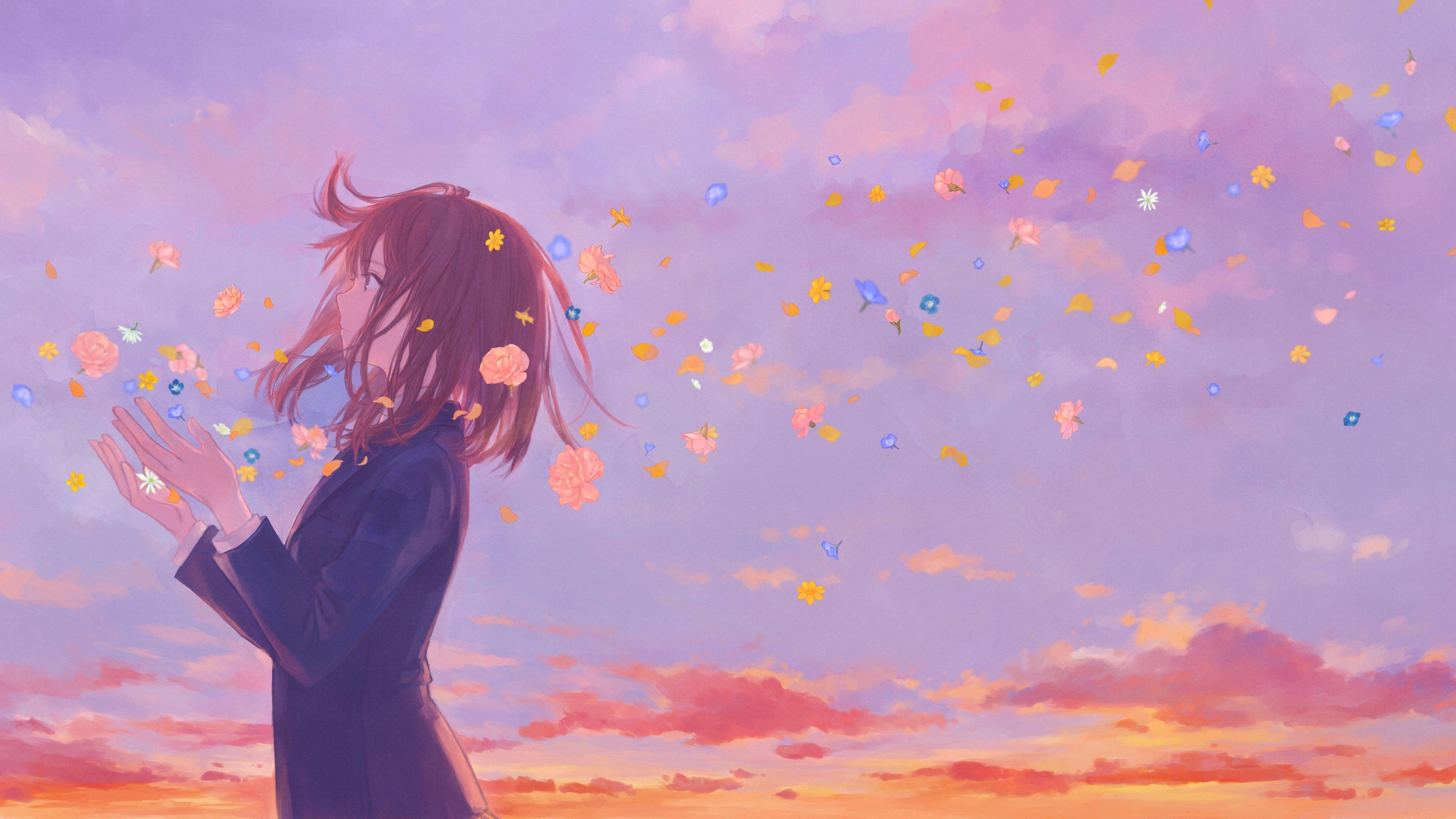 Animeguy Animemanga Clouds Digital Flowers Illustration Lavender Wallpapers