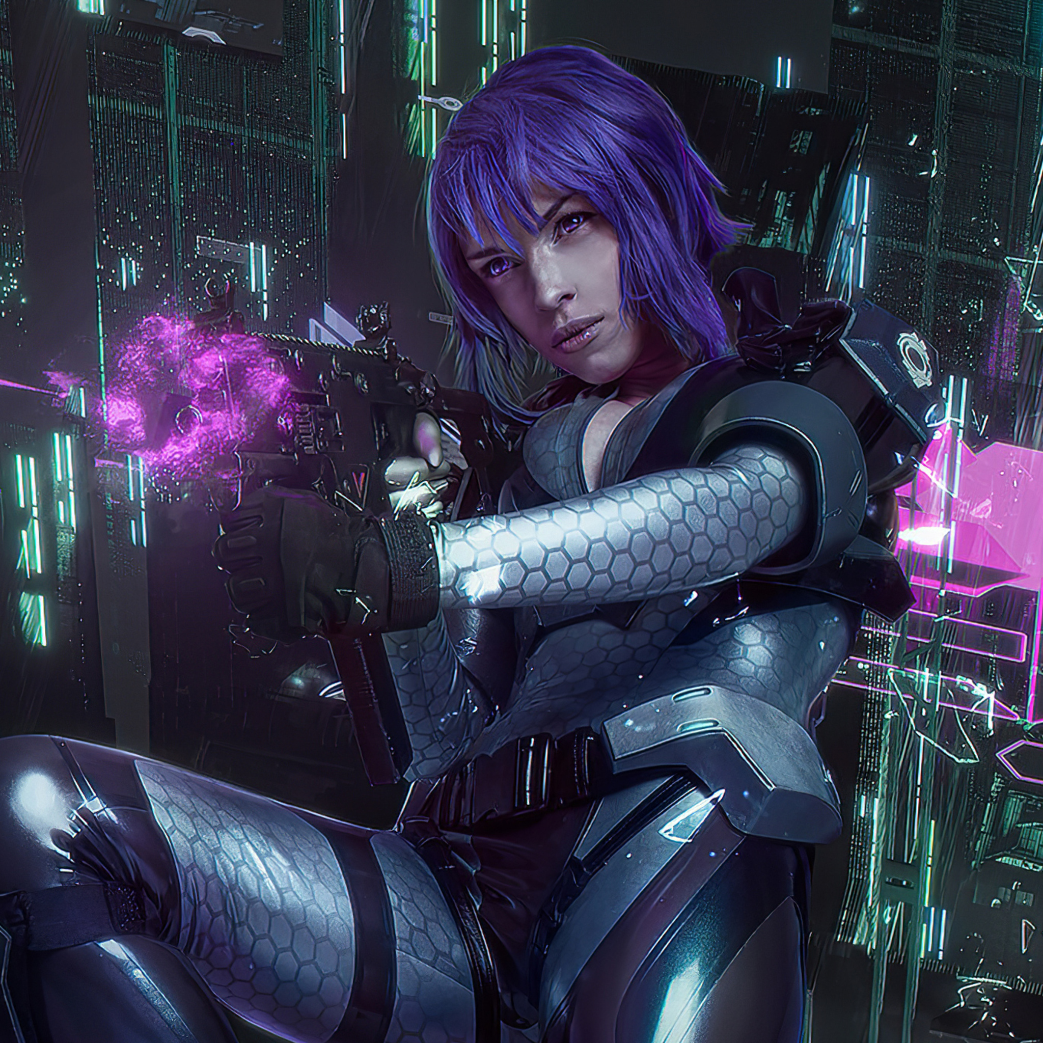 Purple Hair Cyberpunk Girl  5K Wallpapers