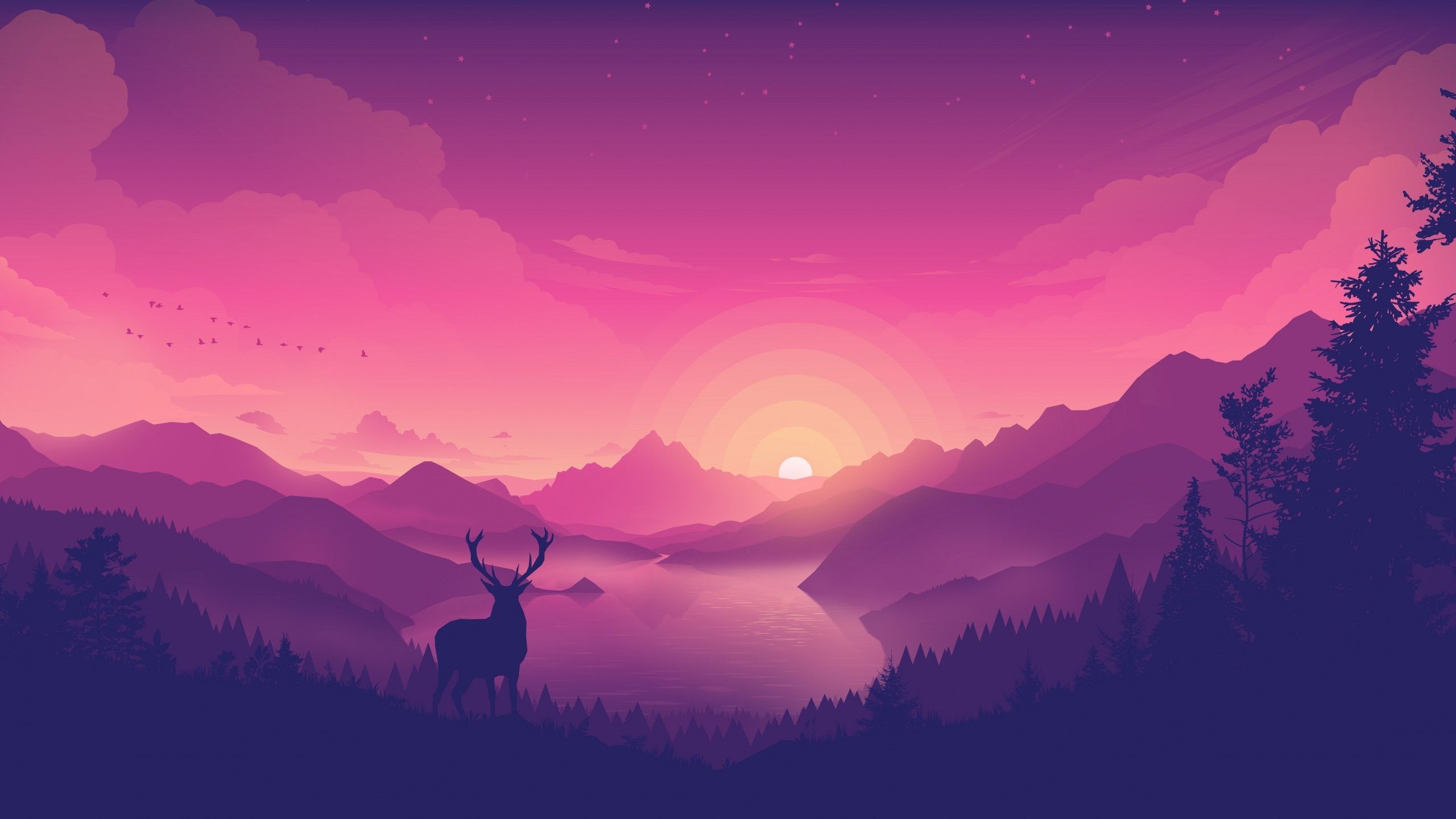 Deer Staring At Sunset Anime
 Wallpapers