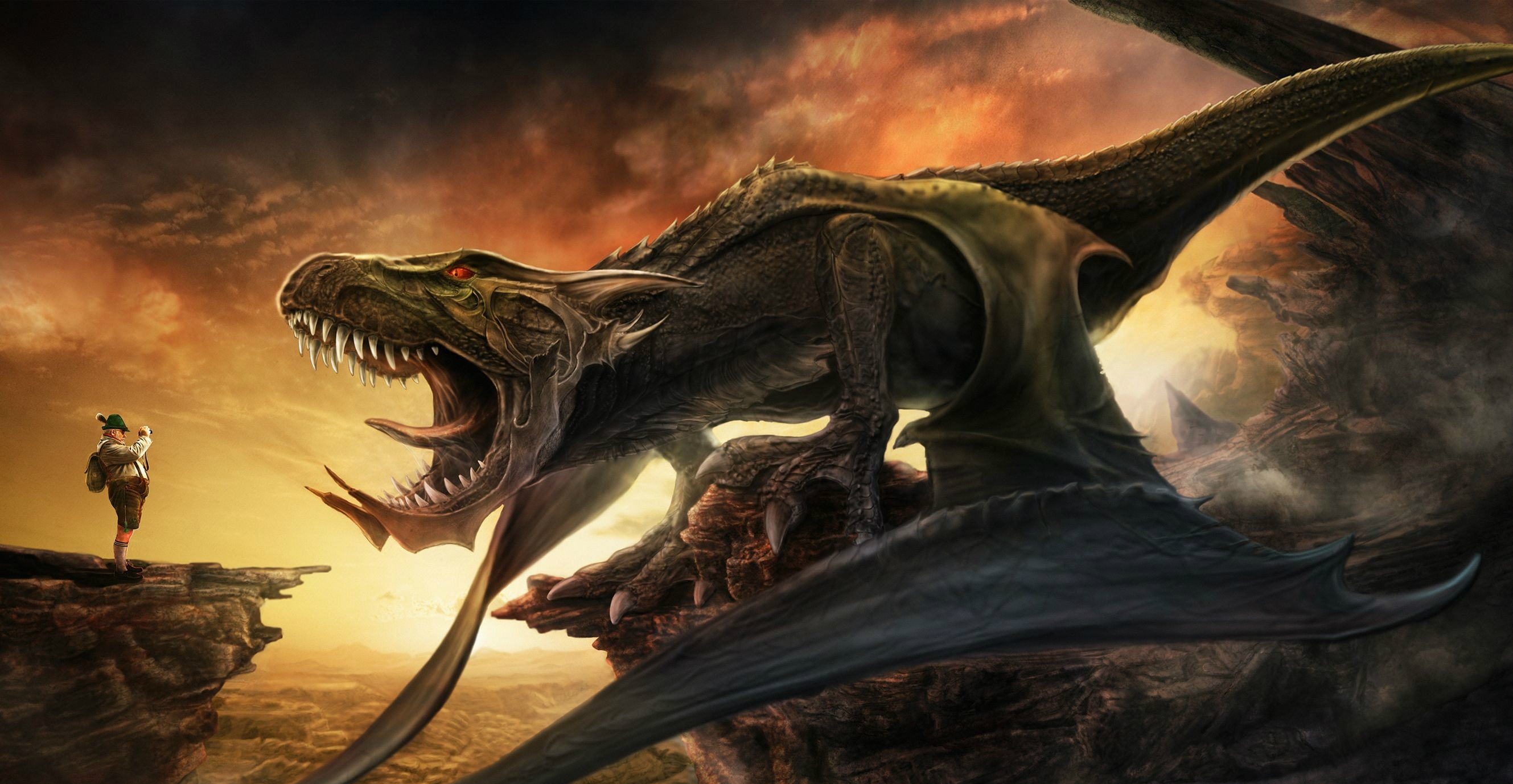 Fantasy Dinosaur And Man Fight
 Wallpapers