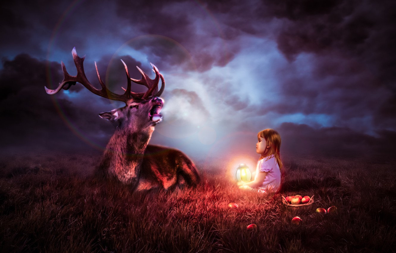 Lantern Child With A Deer In The Night
 Wallpapers