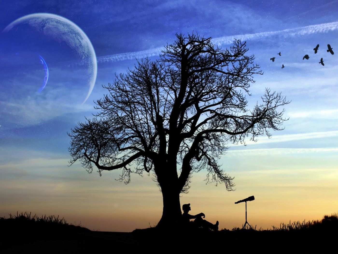 Lonely Person Silhouette Flying In Moon
 Wallpapers