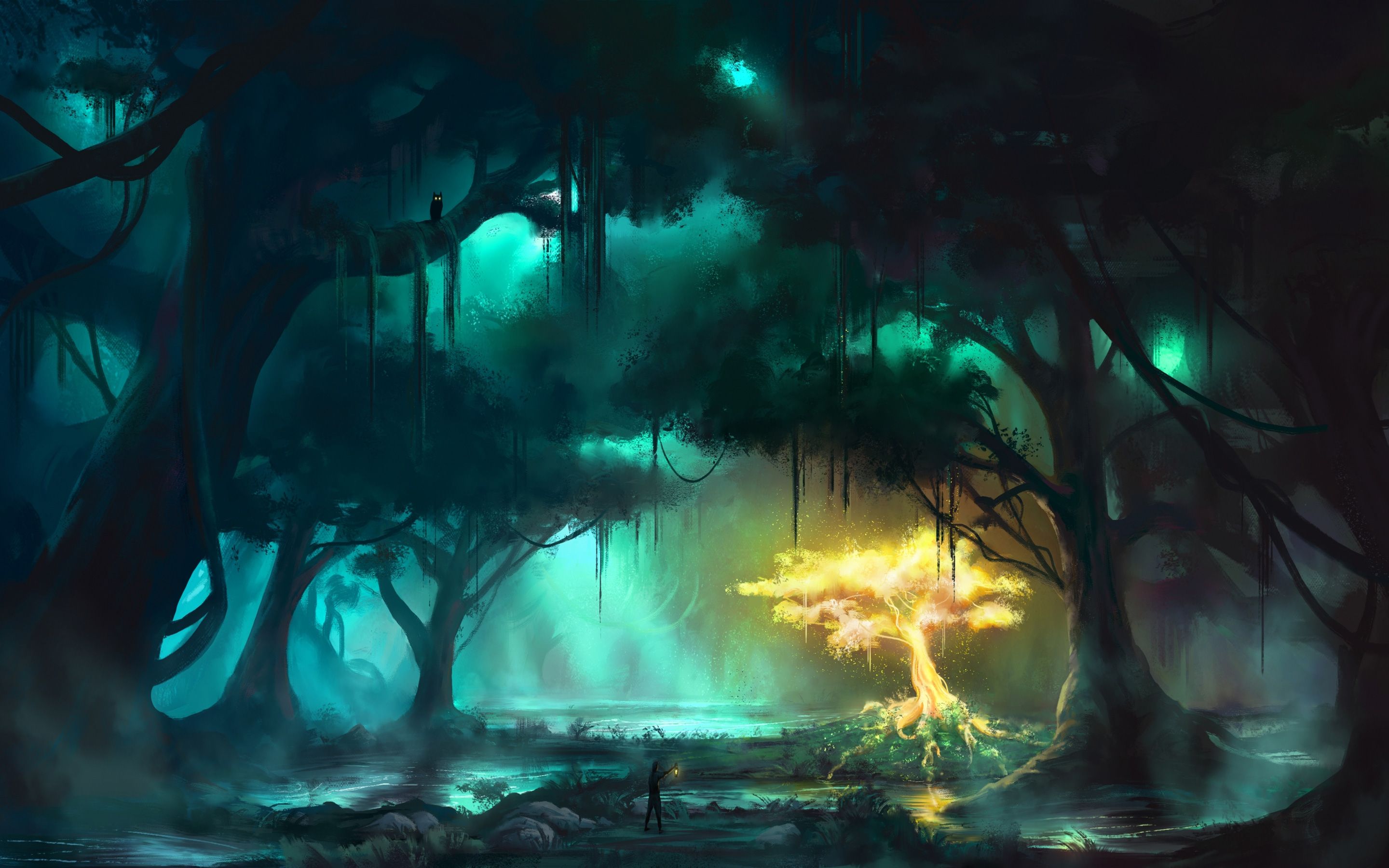 Sunset Fantasy Illustration, Light Trails Forest
 Wallpapers