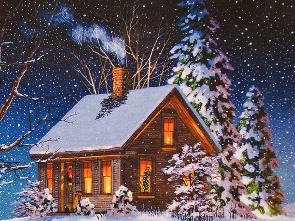 Christmas Lighted Tree Outside Winter Cabin Wallpapers