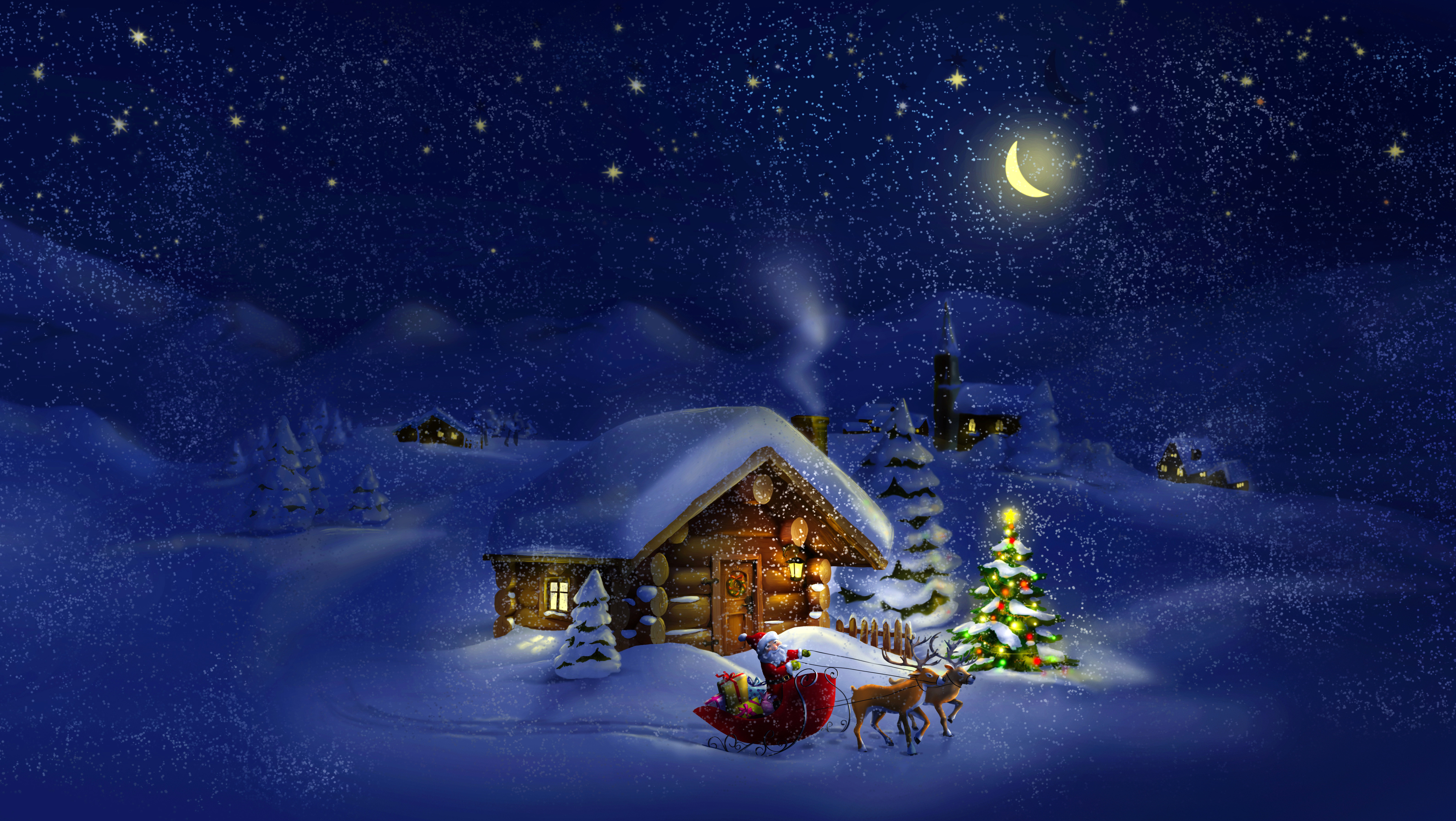 Christmas Lighted Tree Outside Winter Cabin Wallpapers