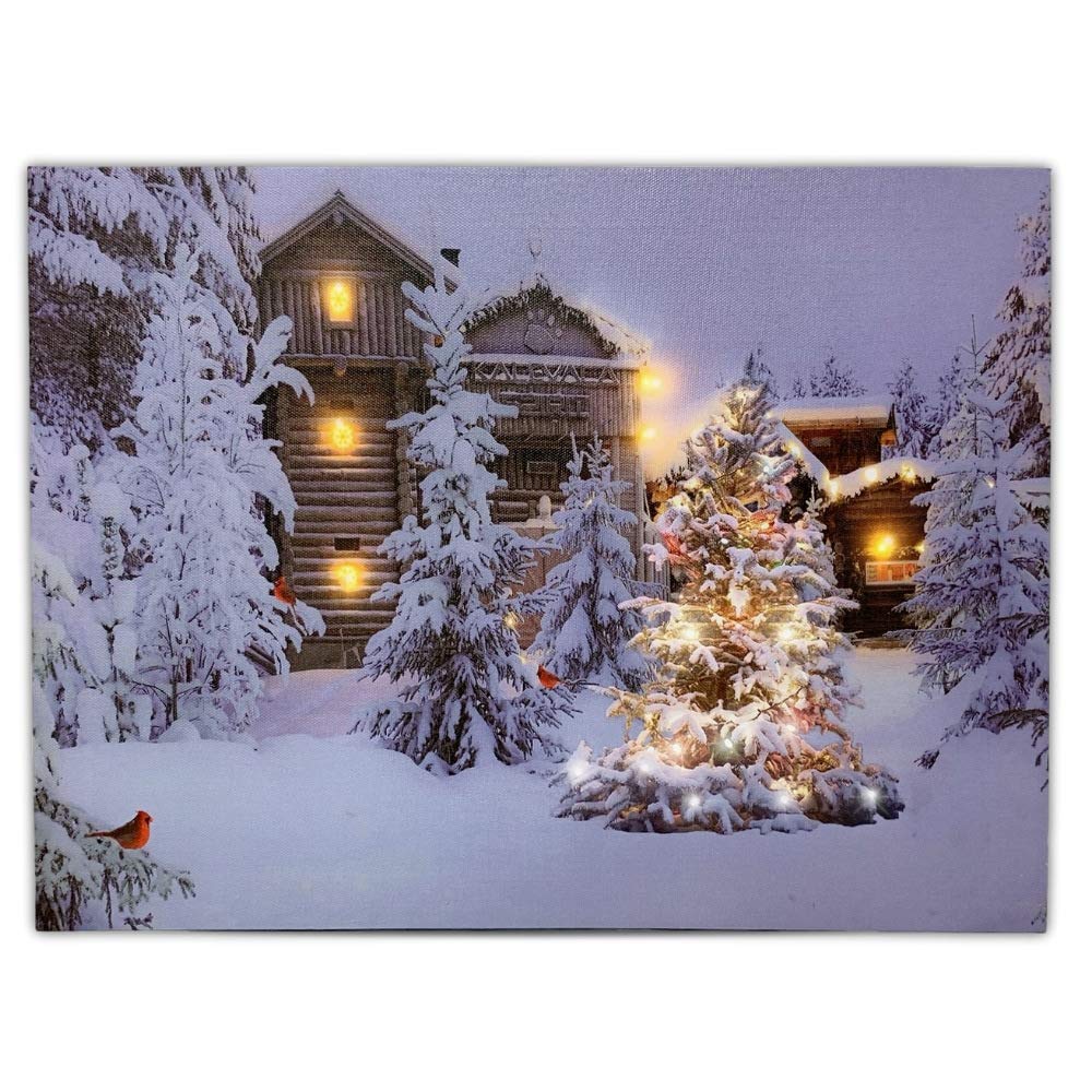 Christmas Lighted Tree Outside Winter Cabin Wallpapers